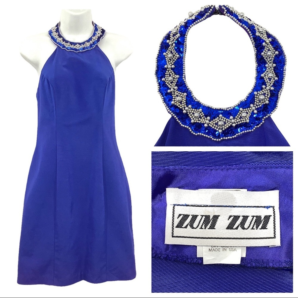 Zum Zum by Niki Livas Royal Blue Beaded Halter Mini Dress